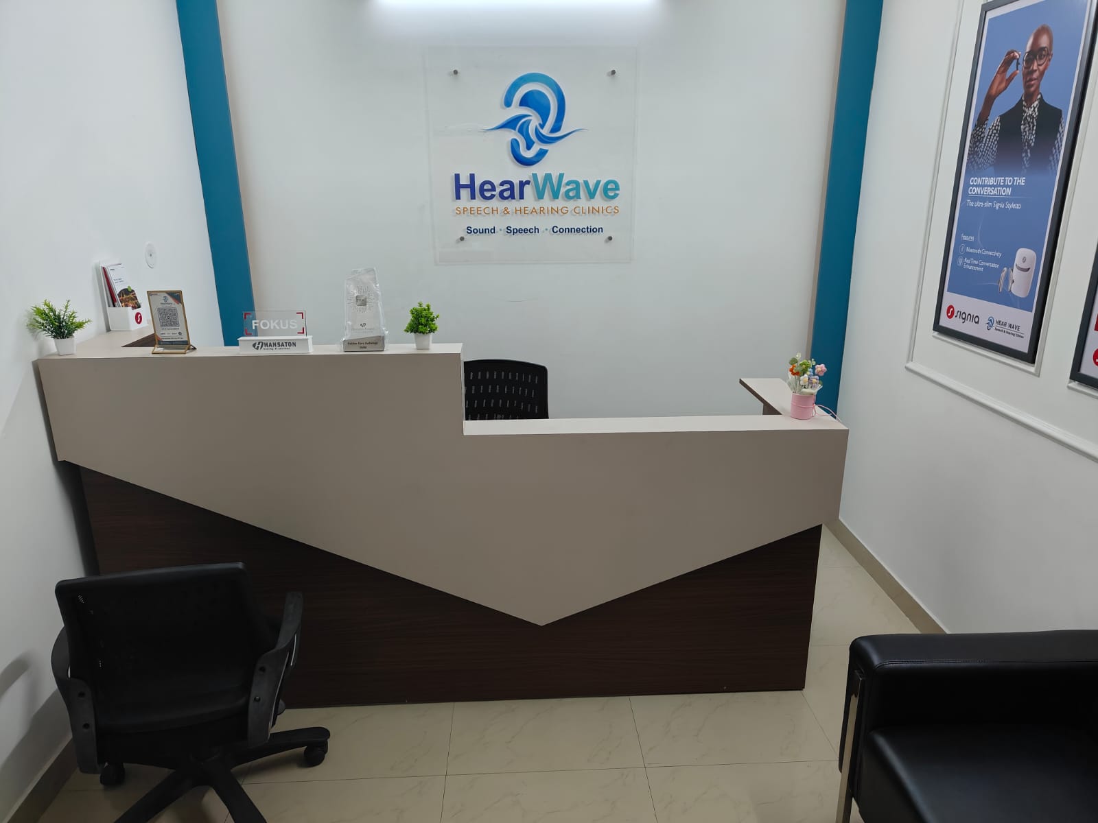 Reception at Hearwave's flagship hearing clinic, Sector 22, Noida